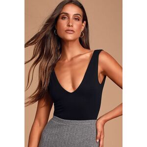 Lulus Basics Check You Out Black Sleeveless Bodysuit - Size XS